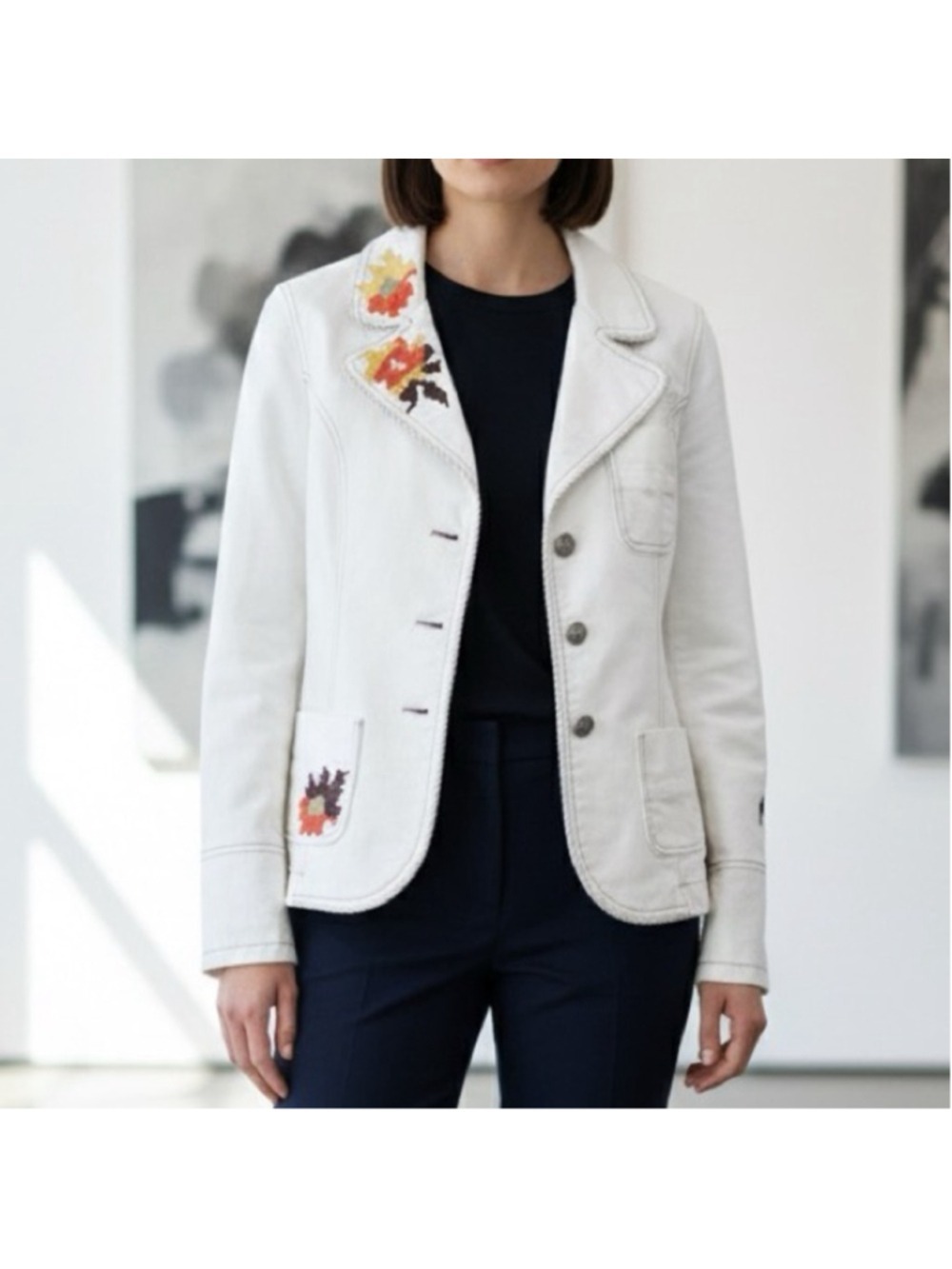 Vintage Y2K Romy B White Stretch Denim Cross Stitch Blazer Size L ( fits M)